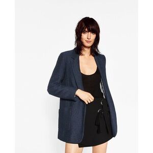 Zara navy blue knit open front blazer pockets Sz S